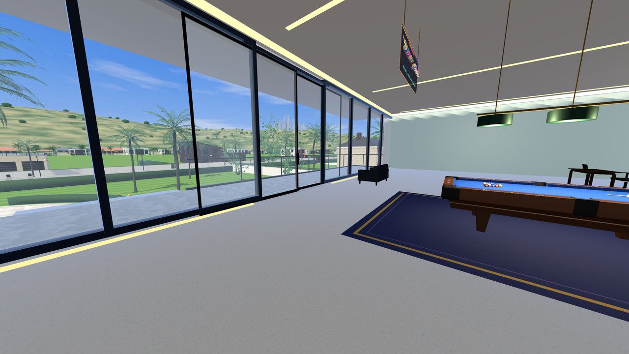 The games room glass wall looking over the hills